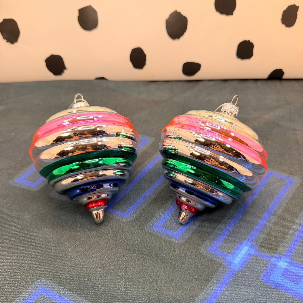 Southern Living Dillard's Blown Glass Spinning Top Ornaments Set of 2 Striped